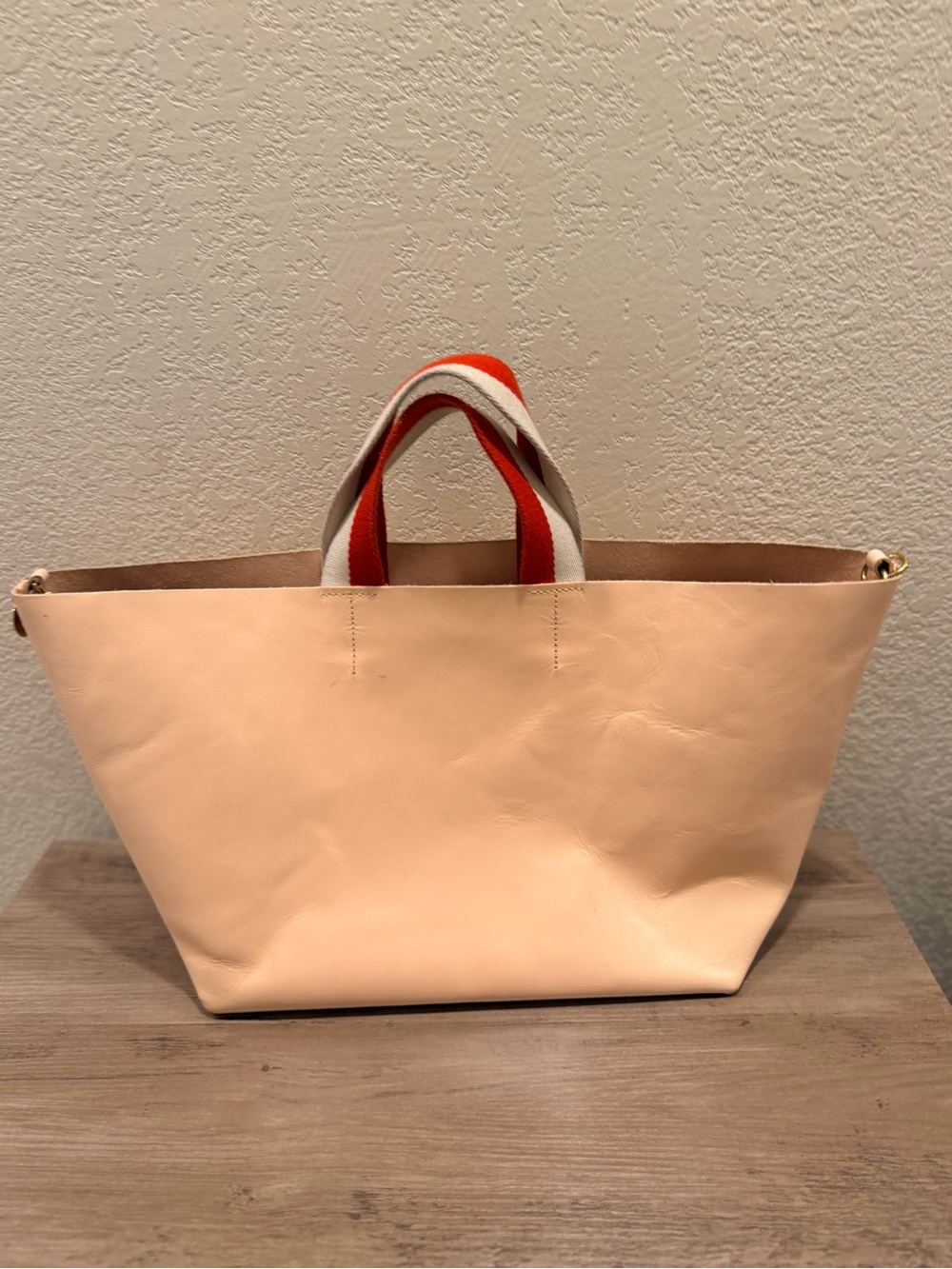 Clare V. Bateau Tote Bag Neutral Beige Leather with Red Accent Handles